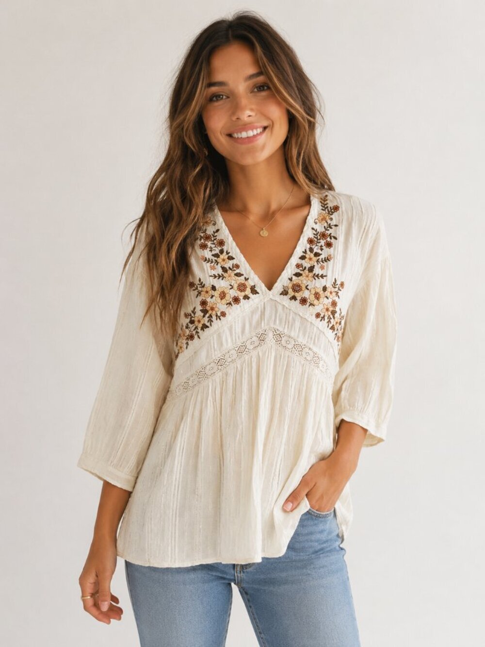 Zara Cream V-Neck Tunic with Brown Floral Embroidery Sz S